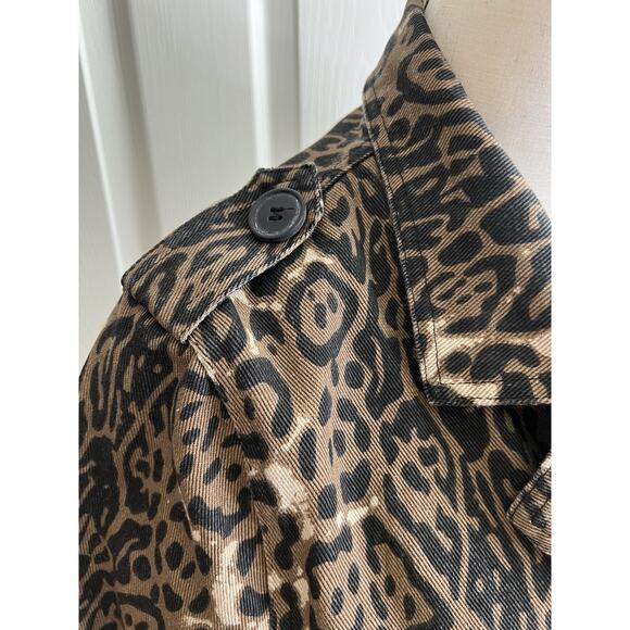 WALKER ROSE Leopard Print Distressed Denim Belted Long Trench Coat - Picture 3 of 13